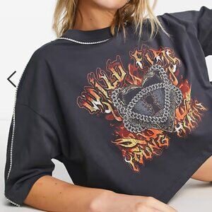 ASOS DESIGN graphic rock tee with diamante trim neck and shoulder seams in gray